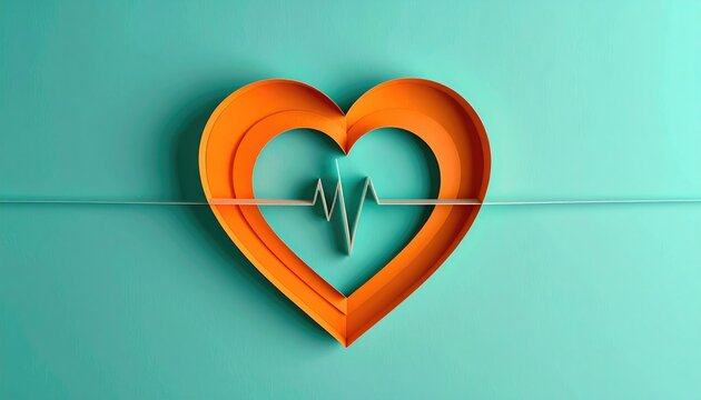 Orange heart shape with electrocardiogram pulse line on teal background.