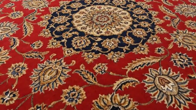 Close-up of a Traditional Red and Blue Persian Carpet with Floral Patterns.