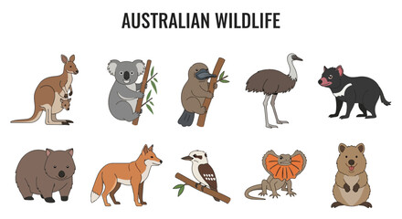 Fototapeta premium Illustration of ten distinct animals native to Australia displayed in two rows