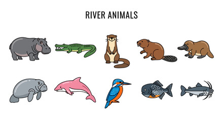 Illustration of ten distinct river animals arranged in two horizontal rows