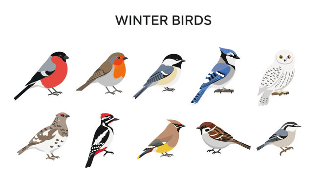 Illustration of ten distinct species of winter birds against a white background