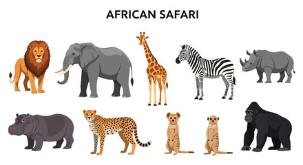 Ten distinct cartoon illustrations of African safari animals on a white background © Kenywanch