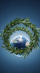 Earth embraced by a green olive branch wreath symbolizing peace and environmental protection.