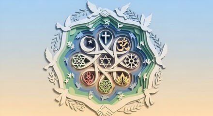 Interfaith Symbolism Mandala Representing Global Religious Harmony and Unity.