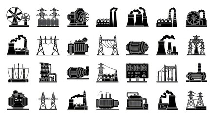 Collection of industrial power generation plant icons representing electricity production and energy infrastructure © YENI