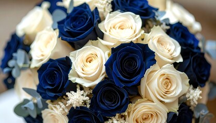Obraz premium Close-up of a vibrant bouquet featuring cream and deep blue roses with hints of greenery, offering a romantic and floral display