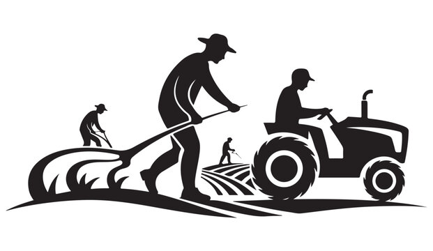 Agricultural field work with farmers and tractor, tilling soil