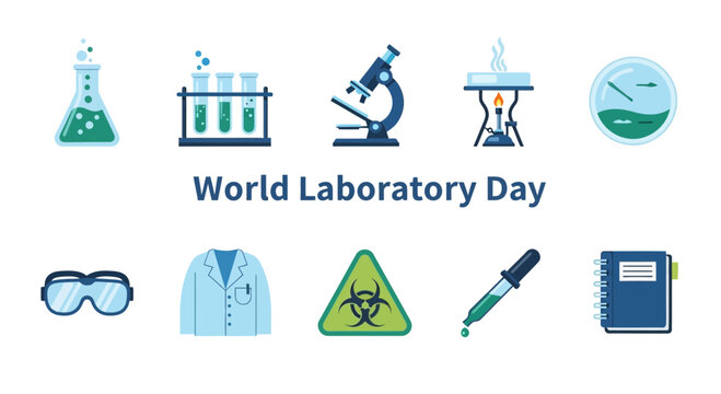 Flat icons related to laboratory work surrounding the text World Laboratory Day