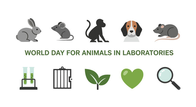 Graphic design featuring laboratory animals and symbols related to animal testing alternatives