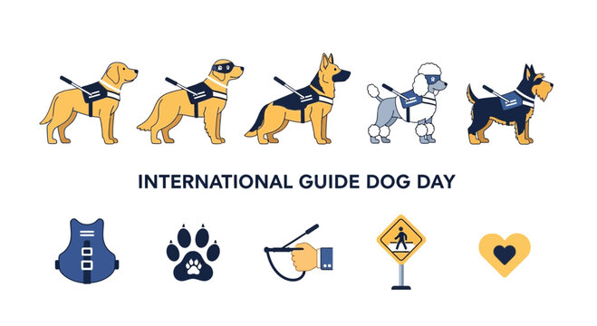 Illustration celebrating International Guide Dog Day featuring various guide dogs and related icons