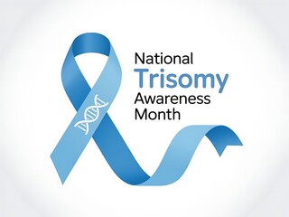 National trisomy awareness month with blue ribbon and DNA helix symbol on light gray background