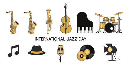 Row of golden musical instruments and jazz symbols below text © Agung
