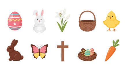 Ten assorted vector icons depicting Easter themes arranged in two rows © Agung