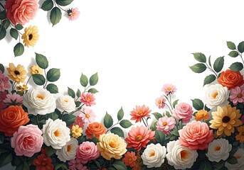 Decorative floral border with roses and daisies on white background