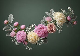 Elegant floral arrangement with peonies roses and baby s breath on dark green background