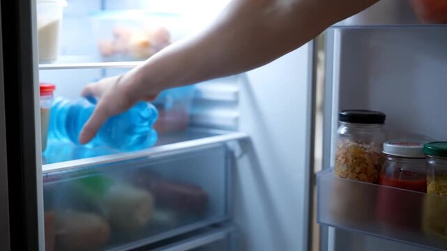 Person Opening Fridge and Grabbing Water Bottle.
