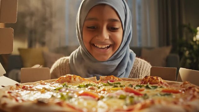 Excited Muslim girl in hijab joyfully opens hot steaming pizza box at home