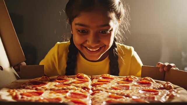 Excited young girl gasps in awe at hot steaming pepperoni pizza in a box