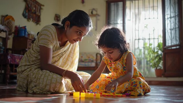 Indian parent and child sitting on the floor assembling a simple learning activity together, teamwork and discovery, natural daylight in an Indian home