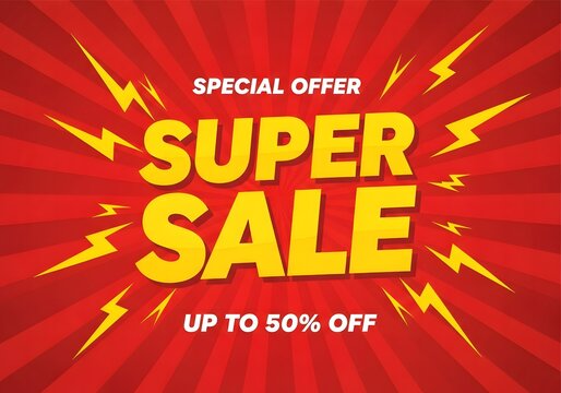 Vibrant red sale advertisement with bold yellow text and lightning bolts.