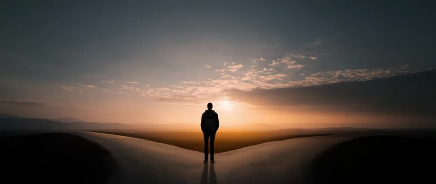 Young person standing at crossroads making life decision, future choices and personal growth concept