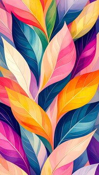 A vibrant digital art piece featuring stylized leaves. Overlapping forms, in a kaleidoscope of colors, create depth and visual intrigue