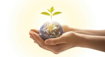 Fragile earth with a thriving sprout in gentle hands symbolizing environmental care and protection