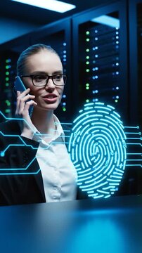 Businesswoman talking on smartphone in a data center with biometric security