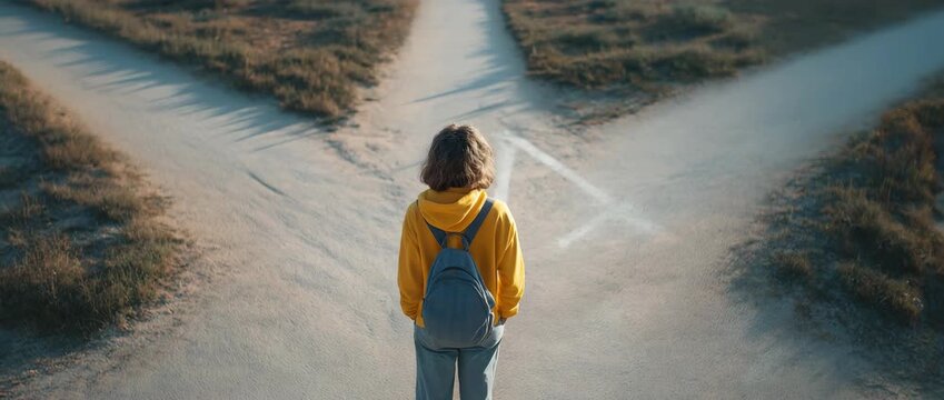 Young person standing at crossroads making life decision, future choices and personal growth concept