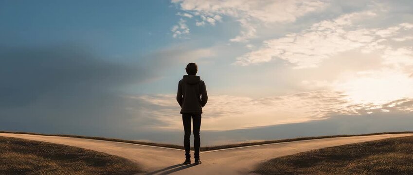Young person standing at crossroads making life decision, future choices and personal growth concept
