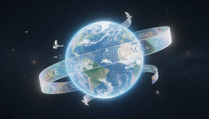 Glowing Earth with Ribbon and Birds in Space.