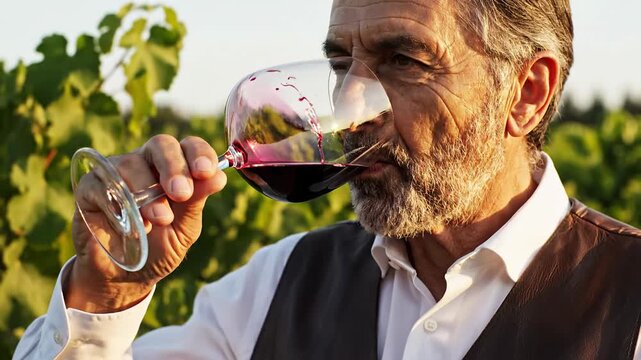 Experienced vintner savors rich red wine in sun-drenched vineyard