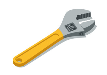 An adjustable wrench lies on a white surface viewed from above with a yellow handle