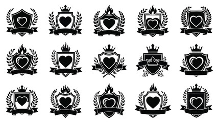 Collection of black and white heraldic shield emblems featuring hearts, crowns, laurels, and banners for vector design use