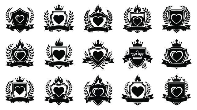 Collection of black and white heraldic shield emblems featuring hearts, crowns, laurels, and banners for vector design use