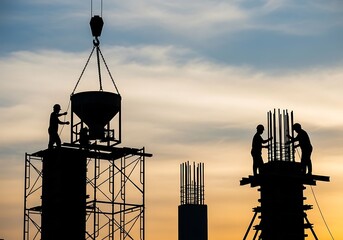 Construction workers building with concrete at sunset