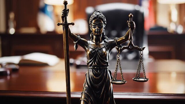Bronze statue of the goddess of justice standing on a table holding scales and sword in a courtroom