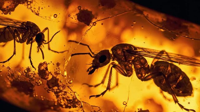 Two ancient insects perfectly preserved within amber resin, captured in striking macro detail.