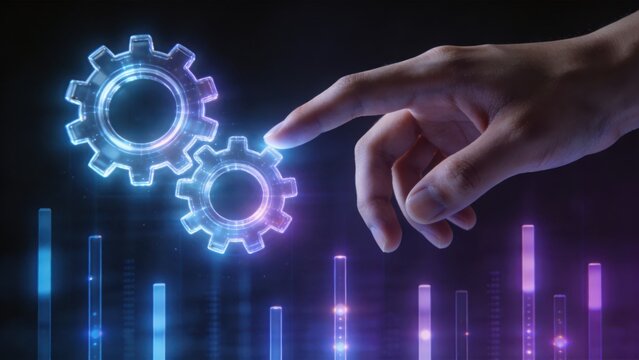 Human hand interacting with glowing digital gears and data interface,representing artificial intelligence,automation,innovation,system integration,and futuristic technology workflow concepts