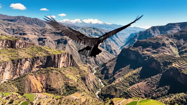 A majestic condor soars gracefully above a breathtaking mountain valley