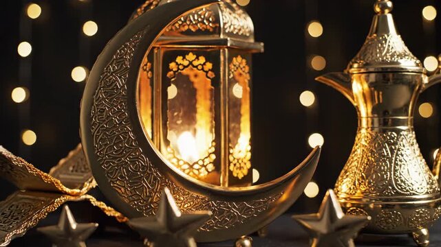 A Golden Celebration of Ramadan: Ornate Lantern, Crescent Moon, and Stars Glimmering in the Dark
