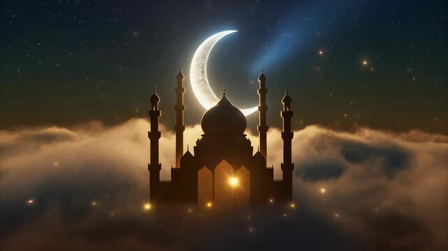 Cinematic 3D scene of a mosque silhouette slowly emerging from gentle rolling mist. A glowin