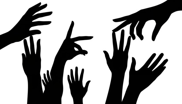 Multiple black hand silhouettes reaching upward against a white background