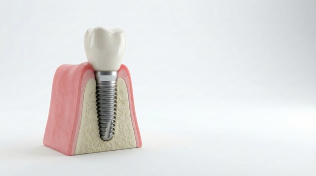 Detailed cross-section model of a dental implant showing the crown, abutment, and screw embedded in gum and bone tissue on a white background.