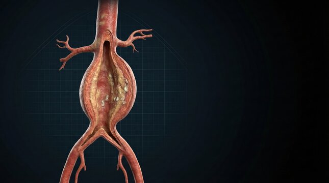 3D medical illustration of an abdominal aortic aneurysm showing a dilated aorta with internal plaque formation.