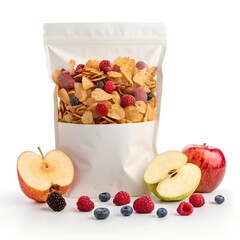 A white resealable pouch filled with cereal and dried fruit surrounded by fresh berries and sliced apples white background