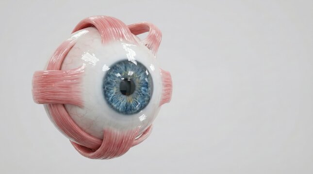 Detailed anatomical model of a human eyeball with extrinsic muscles on a white background, showcasing the complex structure of the visual organ.