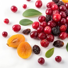 Assorted berries and dried fruits on a white background