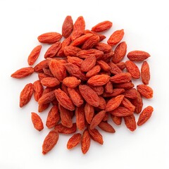 Pile of dried goji berries on a white background