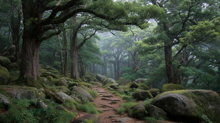 Obraz premium Serene forest pathway an enchanted wide angle view of nature's tranquility